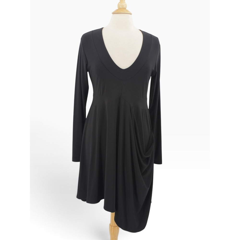 Sympli The Best Dress size 10 Black V-Neck L/Sleeve Asymmetrical Draped Pocket